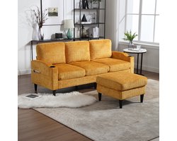 Pugsdrly Elegante bank met poef en opbergruimte - 4-zits met comfortabele armleuningen, bekerhouders, zijvakken en stevige kunststof voeten, bekleed met fluweel voor huidvriendelijk comfort