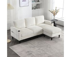 Pugsdrly Elegante bank met poef en opbergruimte - 4-zits met comfortabele armleuningen, bekerhouders, zijvakken en stevige kunststof voeten, bekleed met fluweel voor huidvriendelijk comfort