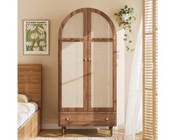 Pugsdrly Elegante kast met stoffen deuren en lade, kledingkast – notenhoutlook, stabiele houten poten, praktische opbergruimte voor kleding en accessoires – ideaal voor de slaapkamer, logeerkamer of dressing