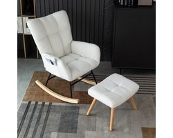 Pugsdrly Ergonomische witte schommelstoel, hoogte 92 cm, zitbreedte 65 cm - inclusief voetenbank (49*38*38 cm), stabiel rubberen houten frame, belastbaar tot 250 lbs, schommelstoel met beugels, loungestoel