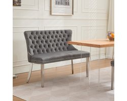 Pugsdrly Fluwelen dubbele eetbank, zitmeubel voor keuken en eetkamer, 2-zits gecapitonneerde bank met handgemaakte knopen, vleugelrug, gepolijste zilveren roestvrijstalen poten, mid-century modern, per stuk, grijs, DE1702GY