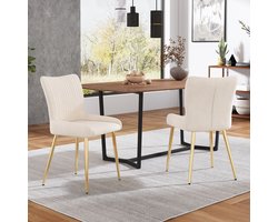 Pugsdrly Fluwelen eetkamerstoel, set van 2, luxueus, woonkamer, slaapkamer, loungestoel met vier gouden metalen poten, lendensteun, beige