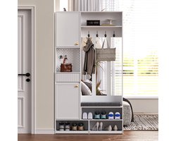 Pugsdrly Garderobeset, complete garderobe voor de hal met bankje, 4 haken, deuren en lades - wit, compacte afmetingen 100 × 180 × 35 cm (B × H × D)