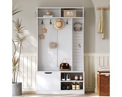 Pugsdrly Garderobeset, complete garderobeset voor de hal met bank, 6 haken, 1 deur en 4 open opbergruimtes - wit