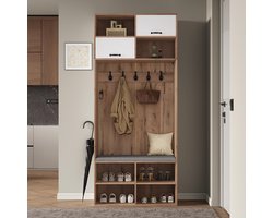 Pugsdrly - Garderobeset - Complete set halgarderobe met bankje - 5 haken - 2 deuren - 6 open opbergruimtes - Kleur: naturel houtkleur en wit