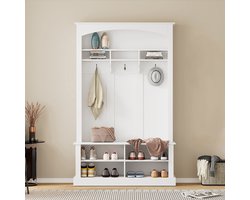 Pugsdrly Garderobeset met bank en opbergruimte voor schoenen, multifunctionele opbergbank met 3 hangende haken en open opbergruimte, rechthoekige opbergruimte en planken, garderobe voor de gang, wit, H190/L120/P40 cm