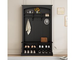 Pugsdrly Garderobeset met bank en schoenenrek, multifunctionele opbergbank met 3 hangende haken en open opbergruimte, rechthoekige opbergvakken en planken, garderobe voor de gang, zwart, H190/B120/D40 cm