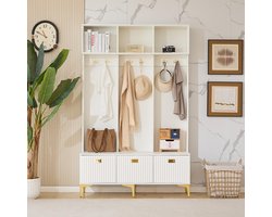 Pugsdrly Garderobeset met bank multifunctionele opbergbank open opbergruimte 6 haken en gouden poten geschikt voor de gang of woonkamer wit L120/P235/H1915CM