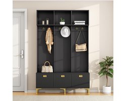 Pugsdrly Garderobeset met bank multifunctionele opbergbank open opbergruimte 6 haken en gouden poten geschikt voor de gang of woonkamer zwart L120/P235/H1915 cm