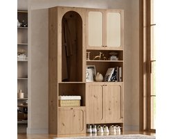 Pugsdrly Garderobeset met rotan-decor, 4 deuren, kantelbaar vak en haken – Compacte halkast met veel opbergruimte, open vakken en praktische opbergmogelijkheden voor de hal, entree en gang, naturel, 120 x 35 x 200 cm