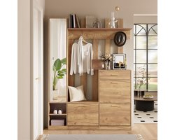 Pugsdrly Garderobeset met spiegel, 3 schoenenrekken, 1 lade en veel haken – Ruimtebesparende compacte garderobekast voor de hal en gang, naturel, 133 x 23,5 x 180 cm