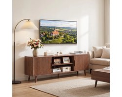 Pugsdrly Geribbeld tv-meubel voor de woonkamer, 138 cm Mid-Century Modern entertainmentcentrum, tv-console met open planken, tv-kast voor de slaapkamer, walnoot