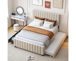 Pugsdrly Gestoffeerd bed 140 x 190 cm met uitschuifbaar bed, twee lades, plat tweepersoonsbed van huidvriendelijk fluweel Kinderbed Tienerbed Extra bed, beige (zonder matras)