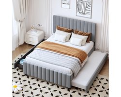 Pugsdrly Gestoffeerd bed 140 x 190 cm met uitschuifbed, twee lades, plat tweepersoonsbed van huidvriendelijk fluweel, kinderbed, tienerbed, logeerbed, grijs (zonder matras)