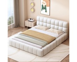 Pugsdrly Gestoffeerd bed 140 x 200 cm, jeugdbed, tweepersoonsbed met zachte rugleuning, vlak bed met gestoffeerde rand, lattenbodem van linnen, beige (matras niet inbegrepen)