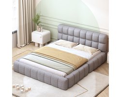 Pugsdrly Gestoffeerd bed 140 x 200 cm, jeugdbed, tweepersoonsbed met zachte rugleuning, vlak bed met gestoffeerde rand, lattenbodem van linnen grijs (matras niet inbegrepen)