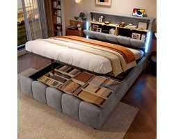 Pugsdrly Gestoffeerd bed, 140 x 200 cm, zonder matras, ledverlichting, hoofdeinde met opbergvak, bed met hydraulische opbergruimte, met USB- en Type-C-poorten, fluweel, grijs