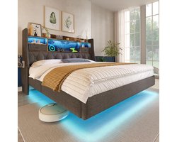 Pugsdrly Gestoffeerd bed 140x200 cm Hangend bed met ledverlichting, hoofdeinde en oplaadstation (1 Type-C, 3 USB-poorten), modern tweepersoonsbed met hoofdeinde met opbergruimte en lattenbodem, linnen, grijs (zonder matras)