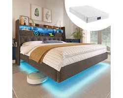 Pugsdrly Gestoffeerd bed 140x200 cm Hangend bed met ledverlichting, hoofdeinde en oplaadstation (1 Type-C-poort, 3 USB-poorten), modern tweepersoonsbed met hoofdeinde met opbergruimte en lattenbodem, linnen, grijs (met matras)