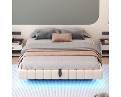 Pugsdrly Gestoffeerd bed 180x200 cm, hydraulisch lattenbodem met opbergruimte, multifunctioneel gestoffeerd bed zonder hoofdeinde met ledverlichting, beige linnen