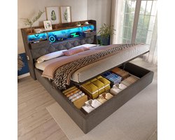 Pugsdrly Gestoffeerd bed 180x200 cm met hydraulische opbergruimte en LED-hoofdbord, 4 oplaadstations (USB/Type-C), tweepersoonsbed met lattenbodem, grijze linnen stof (zonder matras)