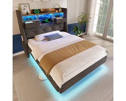 Pugsdrly Gestoffeerd bed 90x200 cm Hangend bed met ledverlichting, hoofdeinde en oplaadstation (1 Type-C, 3 USB-poorten), modern eenpersoonsbed met hoofdeinde met opbergruimte en lattenbodem, linnen, grijs (zonder matras)