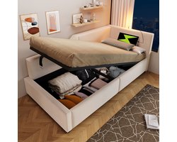 Pugsdrly Gestoffeerd bed Dagbed Daybed 90x190cm, slaapbank met hydraulische opbergruimte, leeslampje en USB-C-oplaadfunctie, kinderbed jeugdbed bedframe met lattenbodem van hout, fluweel, beige