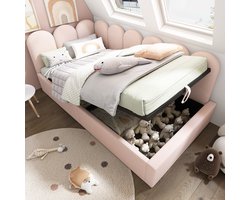 Pugsdrly Gestoffeerd bed Daybed 90x200 cm, slaapbank met hydraulische opbergruimte, kinderbed met metalen lattenbodem, fluweel, roze, zonder matras