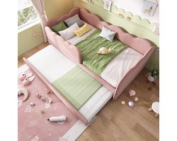 Pugsdrly Gestoffeerd bed Daybett 90x190cm, slaapbank met uitschuifbaar bed 90x190cm, kinderbed met lattenbodem, fluweel, roze, zonder matras