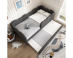 Pugsdrly Gestoffeerd bed Daybett 90x190cm, slaapbank met uitschuifbaar bed 90x190cm, kinderbed met lattenbodem, linnen, grijs, zonder matras