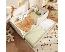 Pugsdrly Gestoffeerd bed Daybett 90x190cm, slaapbank met uitschuifbed 90x190cm, kinderbed met lattenbodem, linnen, beige, zonder matras