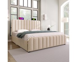 Pugsdrly Gestoffeerd bed dubbel 140x200 cm beige linnen materiaal met gestoffeerd hoofdeinde gouden sierstrepen USB type C oplaadfunctie hydraulisch opbergbed draagvermogen 181 kg zonder matras