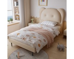 Pugsdrly Gestoffeerd bed, eenpersoonsbed, kinderbed, mooi hoofdeinde in de vorm van een dier, stabiele lattenbodem en ijzeren frame, PU, beige, 90 x 200 cm