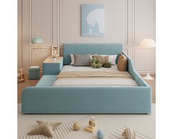 Pugsdrly Gestoffeerd bed, eenpersoonsbed met bureau voor kinderen en krukje, met opbergplank, zacht hoofdeinde, kinderbed met houten lattenbodem, fluweel, blauw, 140 x 200 cm