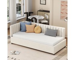 Pugsdrly Gestoffeerd bed, slaapbank 90*200, multifunctioneel bed met lattenbodem, huidvriendelijke fluweelstof, beige