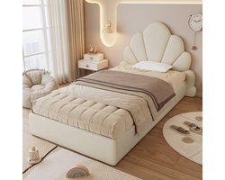 Pugsdrly Gestoffeerd eenpersoonsbed, hoofdeinde met gebogen bloemblaadjes, eenvoudig, elegant en comfortabel, modern bedframe, fluweel, beige 90x200cm