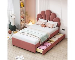 Pugsdrly Gestoffeerd kinderbed 90 x 200 cm, bedframe met bloemenhoofdbord en lattenbodem, met 2 opbergvakken, meisjesbed-logeerbed van huidvriendelijk fluweel, roze