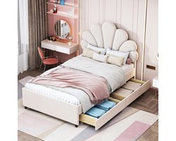 Pugsdrly Gestoffeerd kinderbed 90 x 200 cm, bedframe met bloemenhoofdeinde en lattenbodem, met 2 opbergvakken, meisjesbed-gastenbed van huidvriendelijke fluweelstof, beige