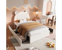 Pugsdrly Gestoffeerd kinderbed 90 x 200 cm, beige, met hoofdgedeelte in de vorm van een beer, 4 lades aan beide zijden van het bed, via app bedienbare LED-verlichting en een draagvermogen tot 220 kg