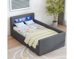 Pugsdrly Gestoffeerd kinderbed 90*200 cm, met led-verlichting, nachtlampje en USB-poort, plank, hydraulische opbergruimte, eenpersoonsbed, voor jongens en meisjes, fluweelstof, donkergrijs