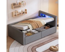 Pugsdrly Gestoffeerd kinderbed 90*200 cm, met ledverlichting, nachtlampje en USB-poort, plank, hydraulische opbergruimte, eenpersoonsbed, bedden voor jongens en meisjes, fluweelstof, lichtgrijs