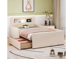 Pugsdrly Gestoffeerd kinderbed 90*200 cm, met nachtlampje en USB-oplaadpoort, met opbergvakken, verhoogde zijdelen voor veiligheid, eenvoudig eenpersoonsbed, jongens- en meisjesbed, kunstleer, beige