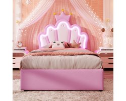Pugsdrly Gestoffeerd - Kinderprinsessenbed 90x200 cm zonder matras - Met op afstand bedienbare sfeerverlichting - Met 2 opberglades - Gepolsterd verstelbaar hoofdeinde - Kroonvorm - PU-leer, roze