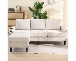 Pugsdrly Gestoffeerde bank en divan met USB- en Type-C-poorten, 3-zitsbank met twee bekerhouders voor de woonkamer, het appartement, de lounge en de slaapkamer – L-vormige slaapbank, beige