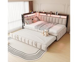 Pugsdrly Gestoffeerde slaapbank 90 x 200 cm met uitschuifbaar bed, ledverlichting en opbergvakken aan het hoofd- en voeteneinde van het bed, uitgerust met USB- en Type-C-poorten. Eenpersoonsslaapbank, beige fluweel