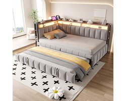Pugsdrly Gestoffeerde slaapbank 90 x 200 cm met uitschuifbaar bed, ledverlichting en opbergvakken aan het hoofd- en voeteneinde van het bed, uitgerust met USB- en Type-C-poorten. Eenpersoonsslaapbank, lichtgrijze fluwelen stof