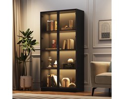 Pugsdrly glazen vitrinekast 80 × 40 × 160 cm met dubbele deuren verwijderbare legplanken en app-gestuurde LED-verlichting staande hoge kast voor woonkamer of badkamer
