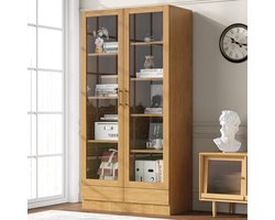 Pugsdrly Glazen vitrinekast (bureaukast/boekenkast/archiefkast/opbergrek) – Niet-verstelbare verspringende planken, handgrepenloze laden met druksluiting, 80*40*160 cm, houtkleur
