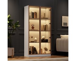 Pugsdrly Glazen vitrinekast met 16-kleurige ledverlichting, vitrinekast met dubbele deuren en verstelbare legplanken, 80*40*160 cm, hoge kast voor de woonkamer, staande vitrinekast, badkamerkast