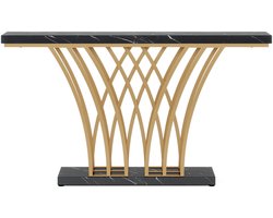 Pugsdrly Gouden console, 150 x 29,5 x 80 cm Moderne haltafel met metalen voet in de vorm van een rooster voor de hal, gang, vestibule, woonkamer (zwart en goud)